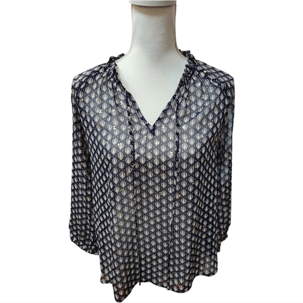 Collective Concepts Women's Sheer Navy Blue Tie Neck Blouse, Small NWT